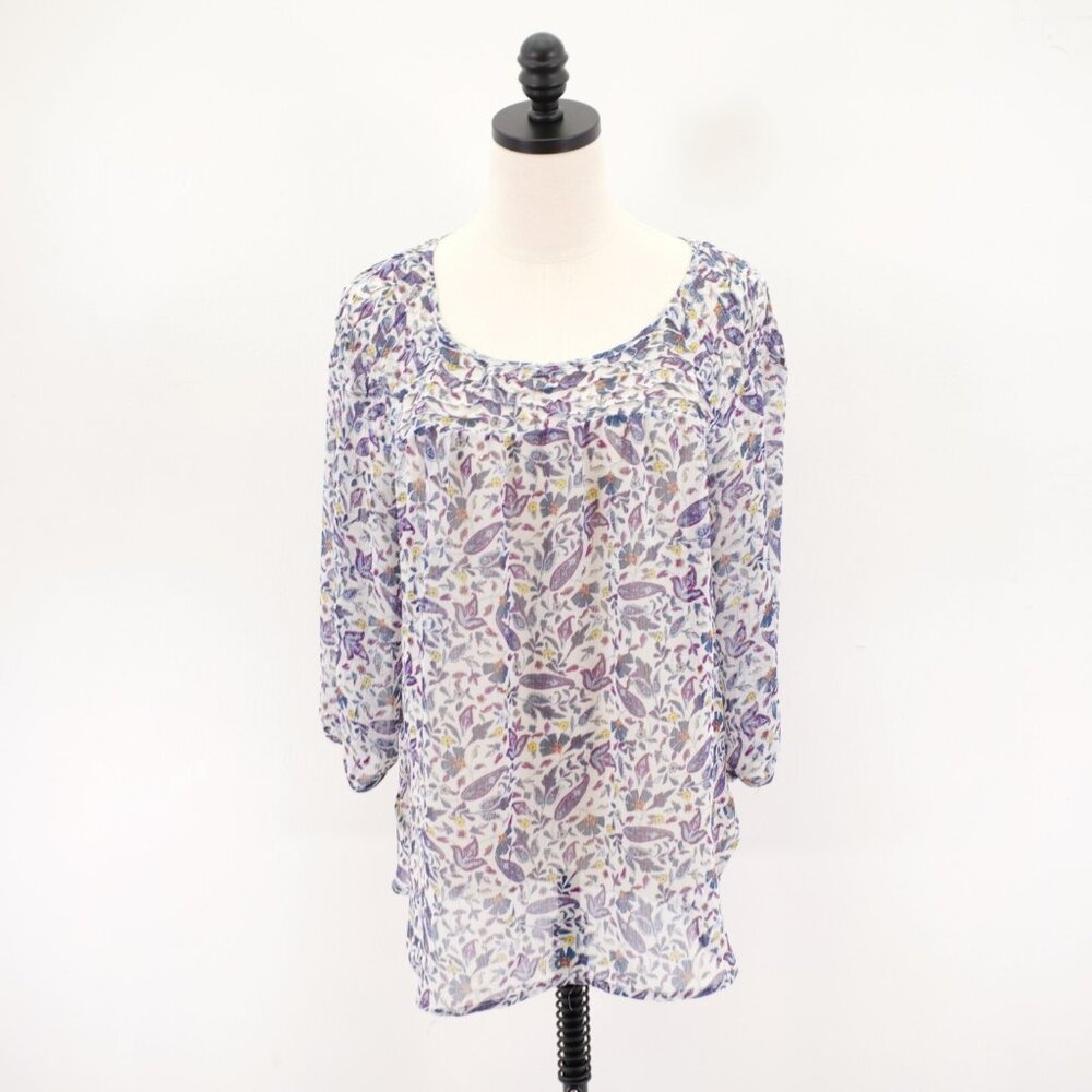 LC Lauren Conrad White Purple Blue Floral Sheer Scoop Neck Blouse Capped Large L